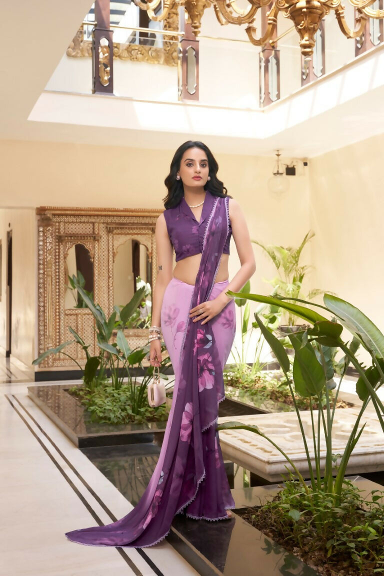 Vastranavya Lavender Weightless Marble Printed & Trim Lace Border Saree with Unstitched Blouse