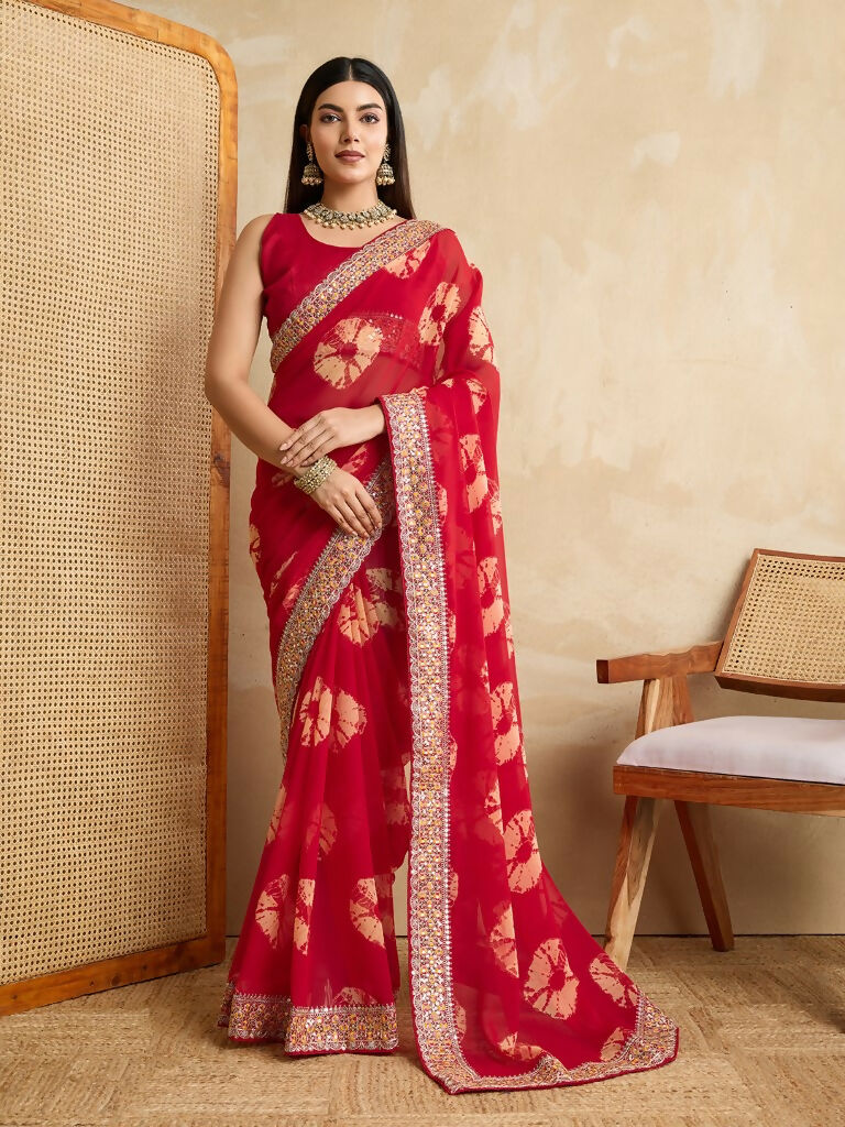 Red Georgette Printed Designer, Embroidery Work Lace Border Saree - Aarvi