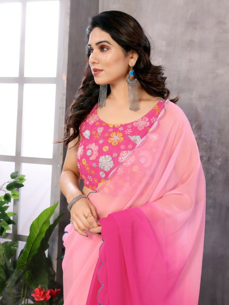 Aafreen Partywear Designer Pink Georgette Fancy Saree