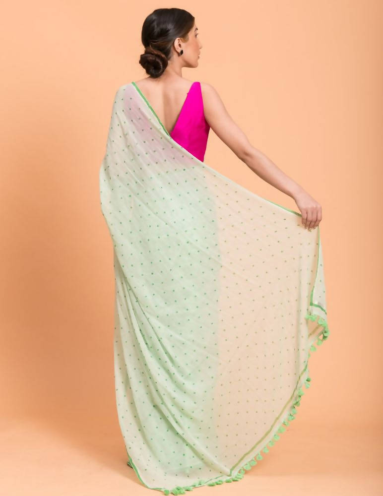 Suta Lime Green Polka Printed Pure Cotton Saree