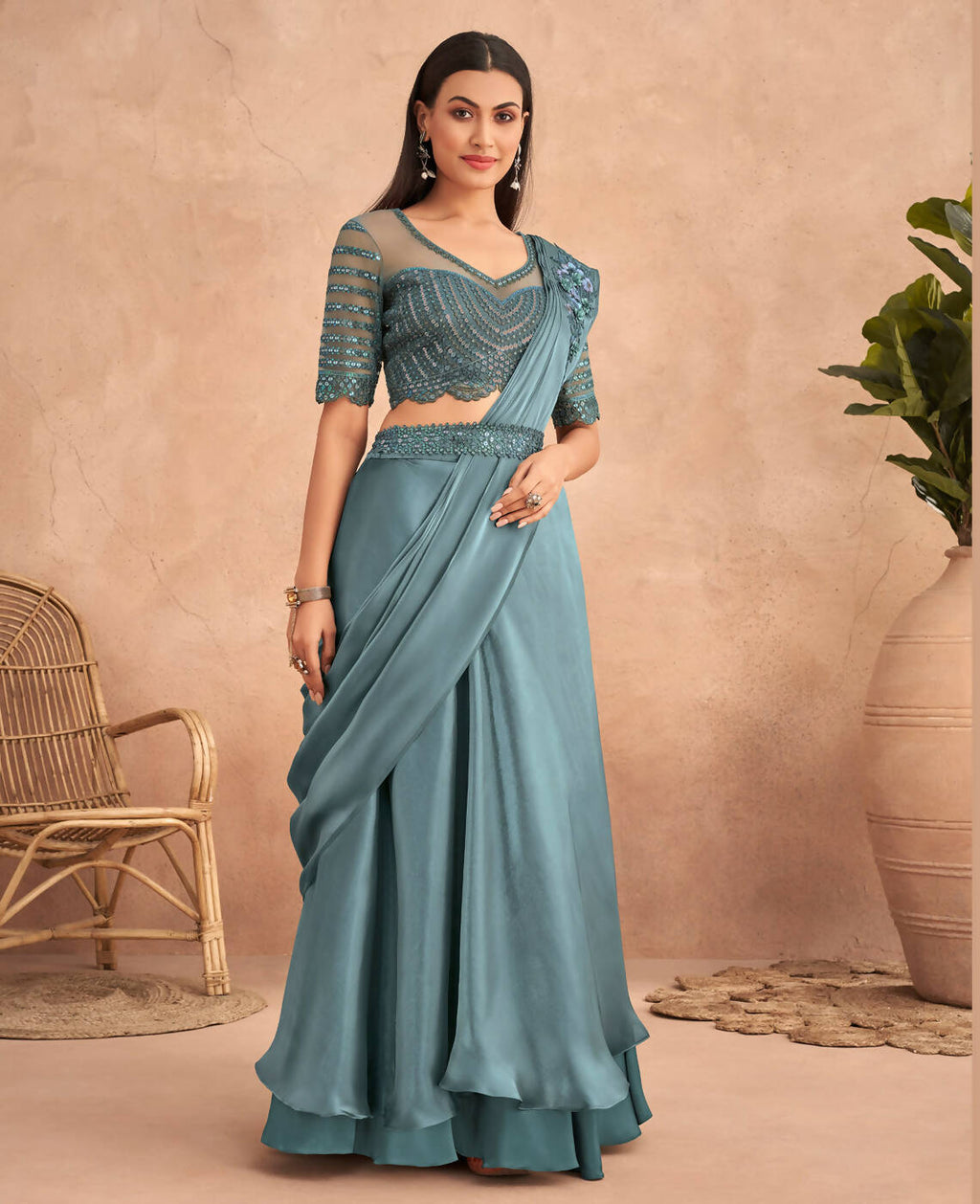 Blue Satin Embroidered Ready To Wear Saree With Unstitched Blouse Piece - Nandika