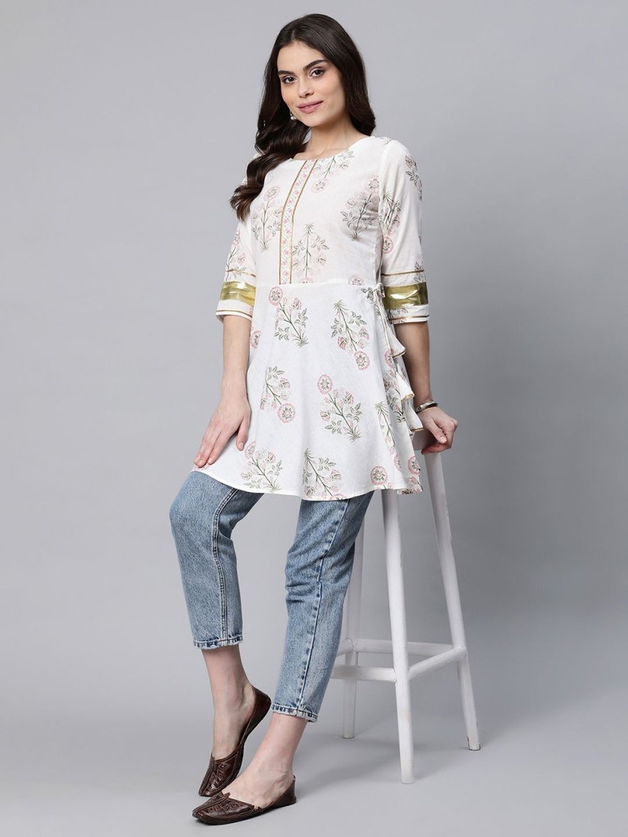 Ahalyaa Women Off White Pure Cotton Floral Printed Tunic