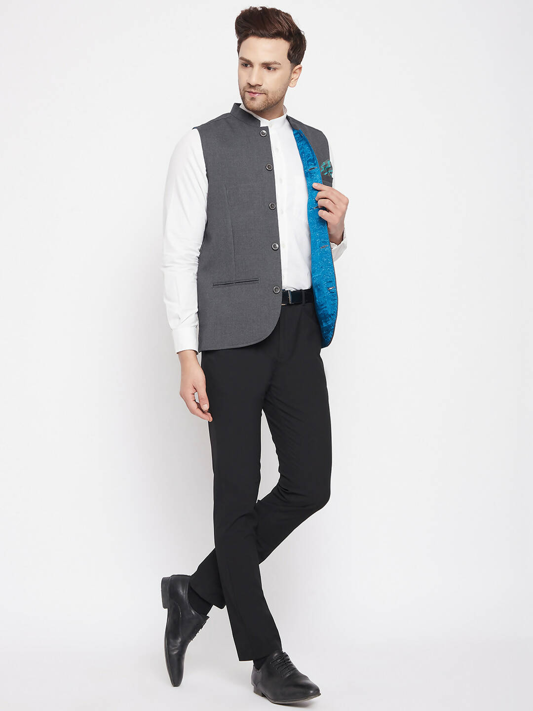 Even Apparels Men's Grey Merino Nehru Jacket-Contrast Lining-Free Pocket Square