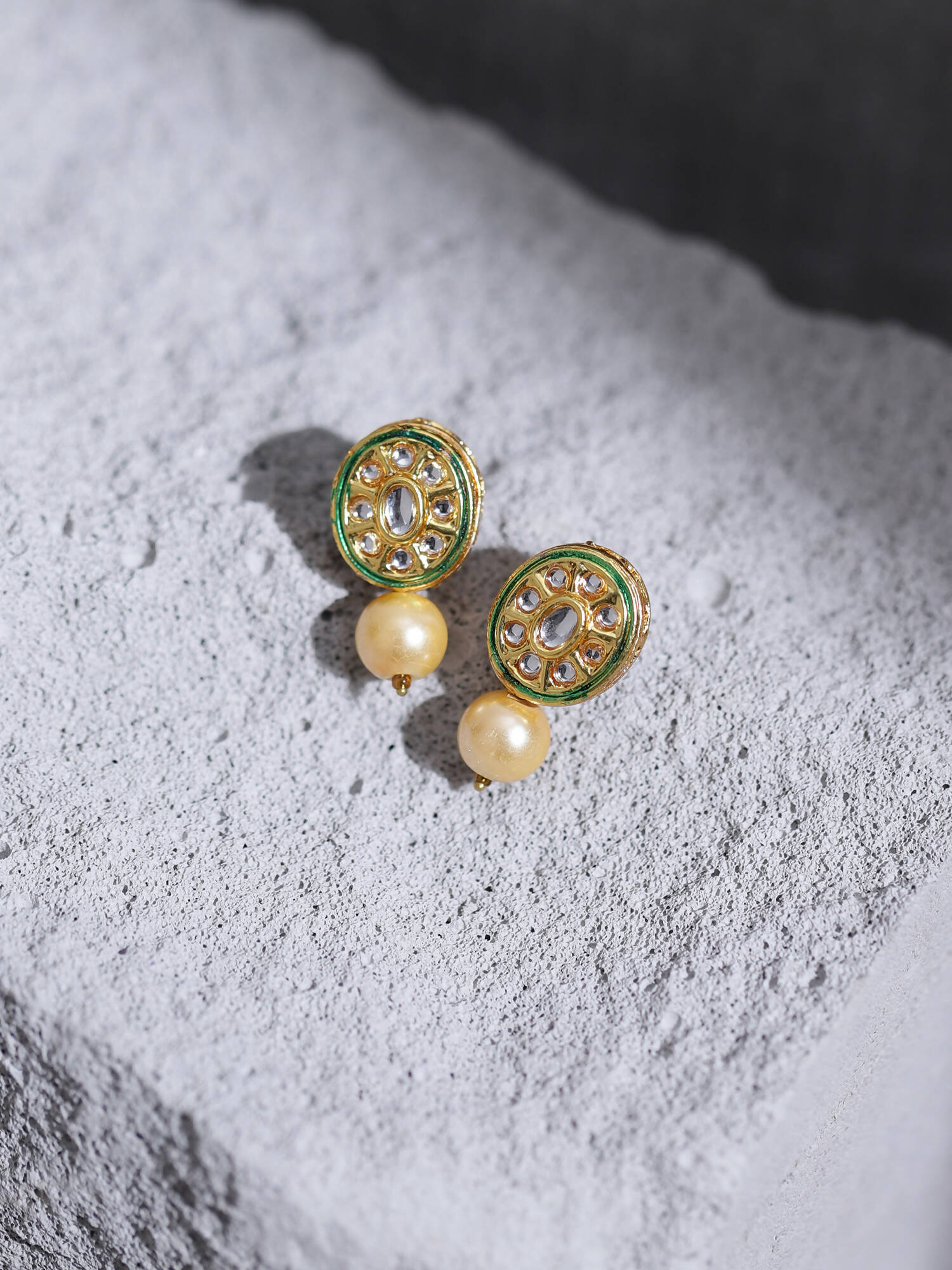 Gold-Toned White Kundan Oval-Shape Gold-Polished Studs Earrings - Ruby Raang