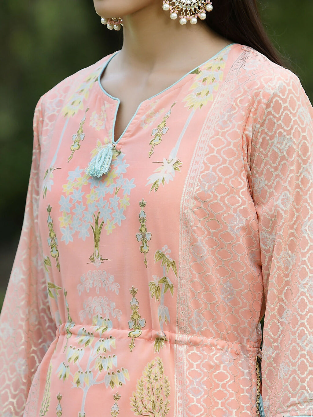Juniper Orange Ethnic Motif Printed Georgette Kurta Pants & Dupatta Set With Tassels & Lace