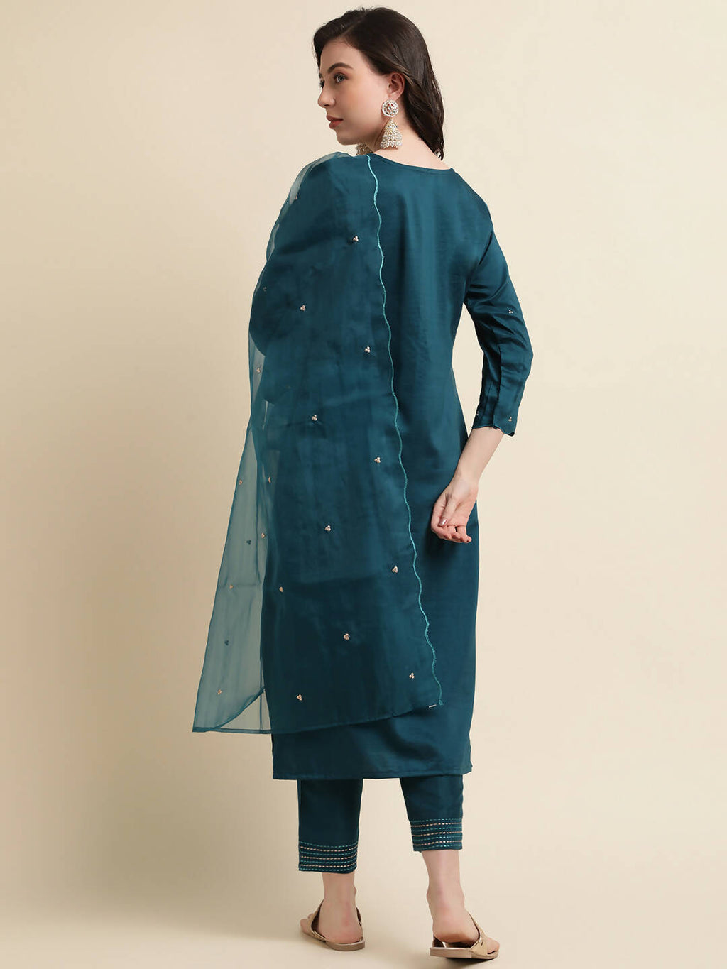 Teal Chinon Silk Embroidered Straight Kurta with Trouser & Dupatta - Salimar