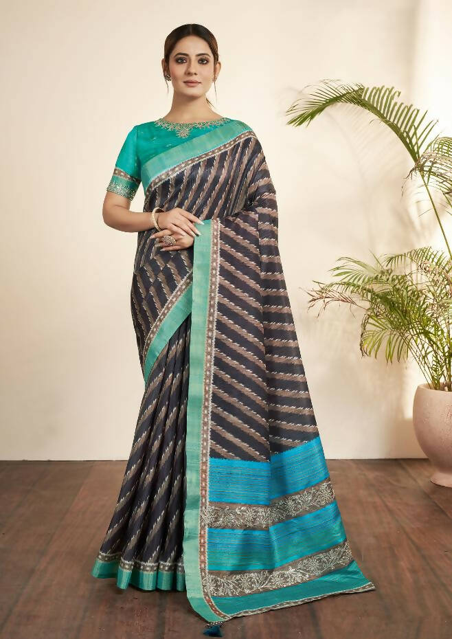 Navy Blue Bhagalpuri Silk Stripe printed with Stone Work & Hand Work Saree - Norita Nirvi