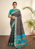 Navy Blue Bhagalpuri Silk Stripe printed with Stone Work & Hand Work Saree - Norita Nirvi