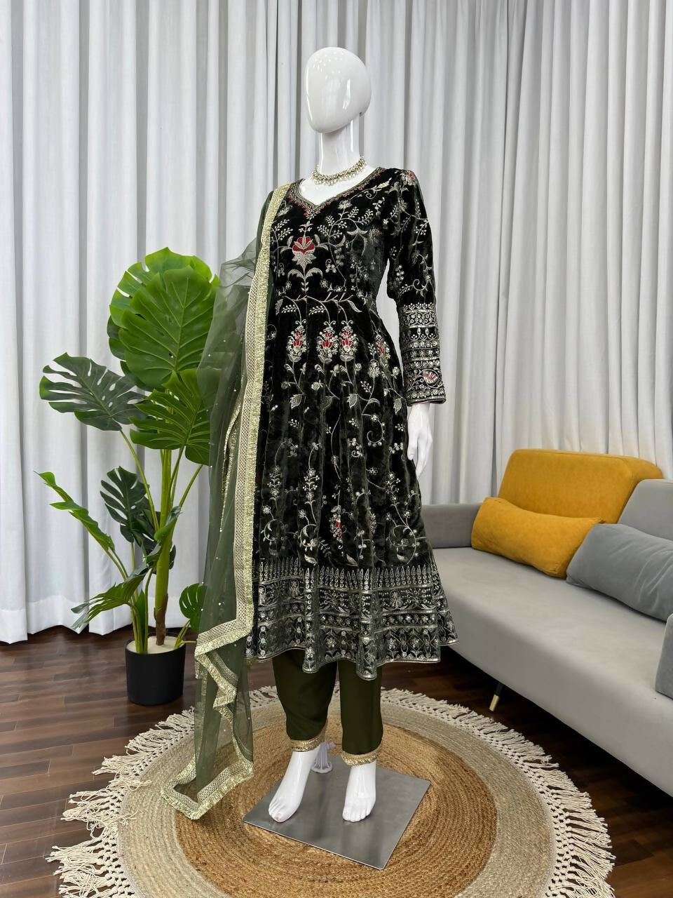 Vastranavya Mehendi Viscose Velvet Thread Sequence Work Top-Bottom With Dupatta