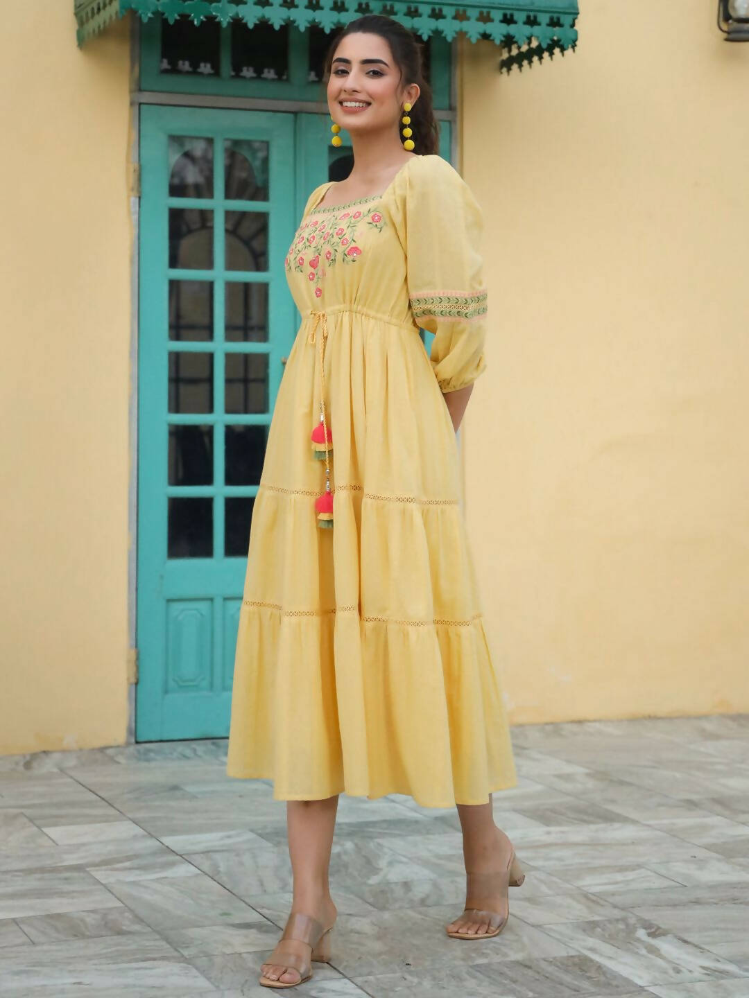 Juniper Women's Yellow Cotton Dobby Embroidered Flared Dress