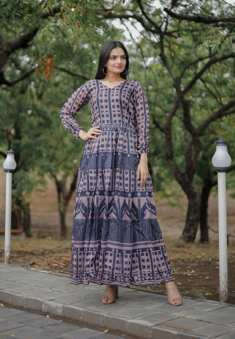 Jyoti Fashion Women's Navy Blue Heavy Digital Printed Pure Chanderi Anarkali Dress