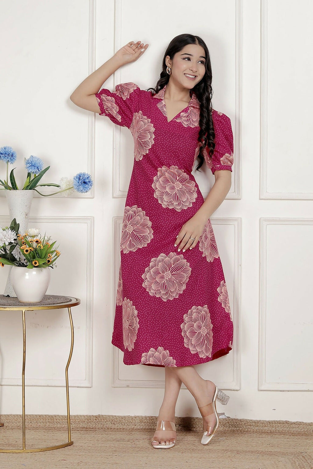 Miravan Womens Pink Printed Collar Neck Short Puff Sleeves Cotton A-Line Maxi Dress