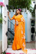 Exclusive Collection Beautiful Orange Pure Cotton Hand Print Handloom Saree With Running Blouse Piece