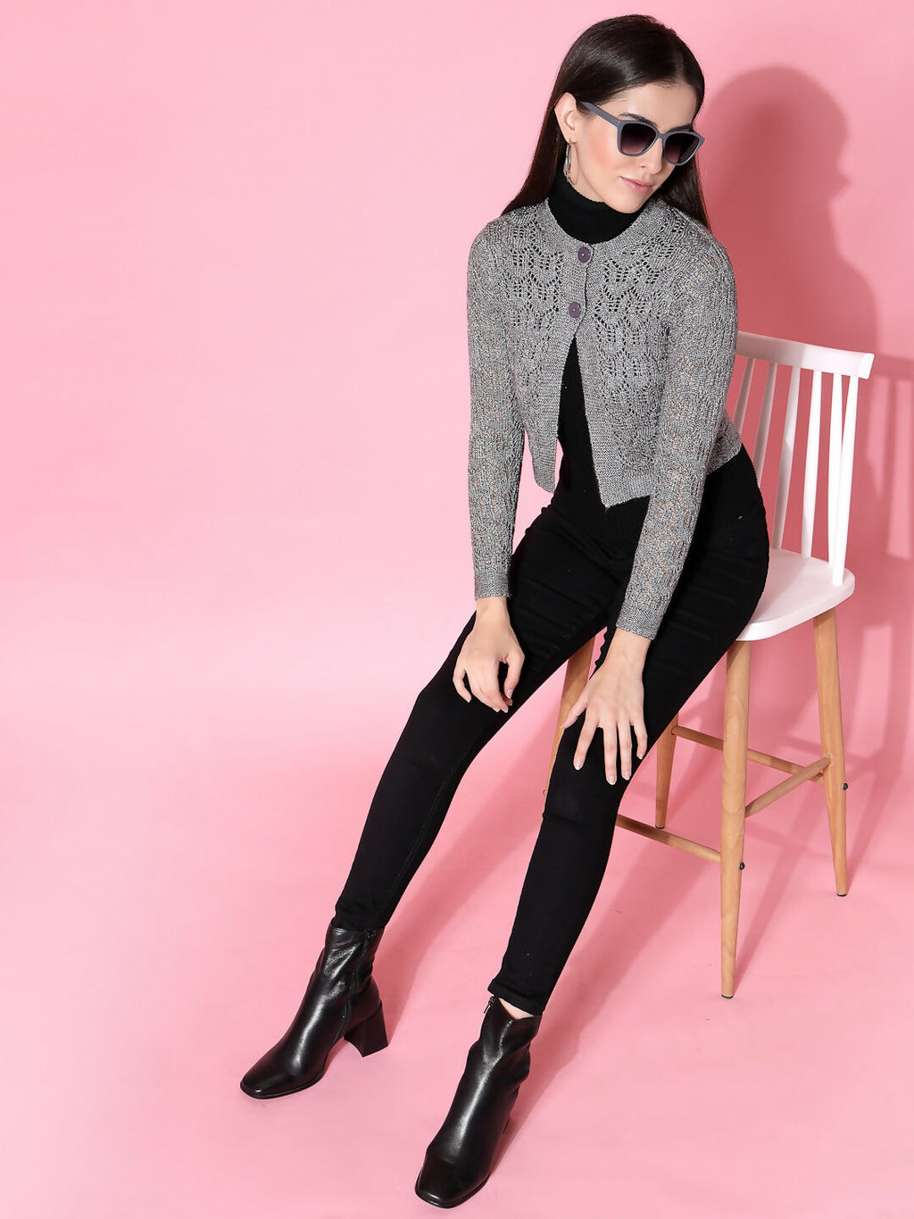 Women Self Design Grey Acrylic Winter Shrug - Wool Trees