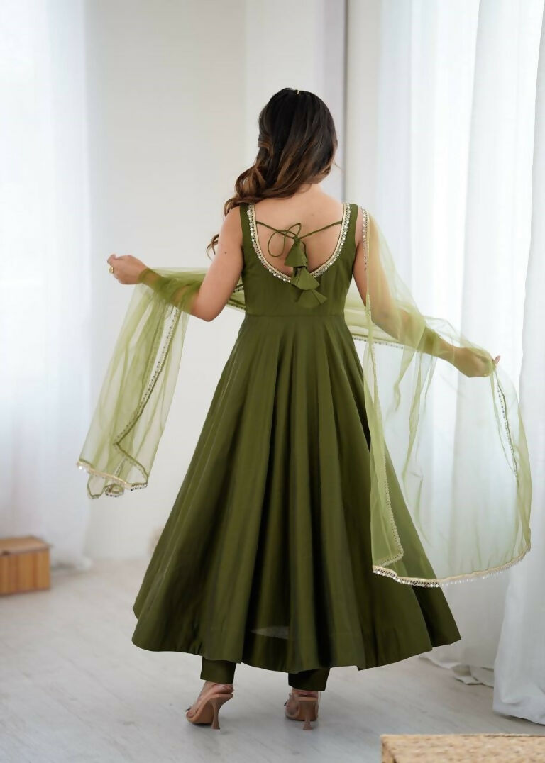 Teeya Creation Green Color Pure Roman Silk Mirror Lace Party Wear Gown