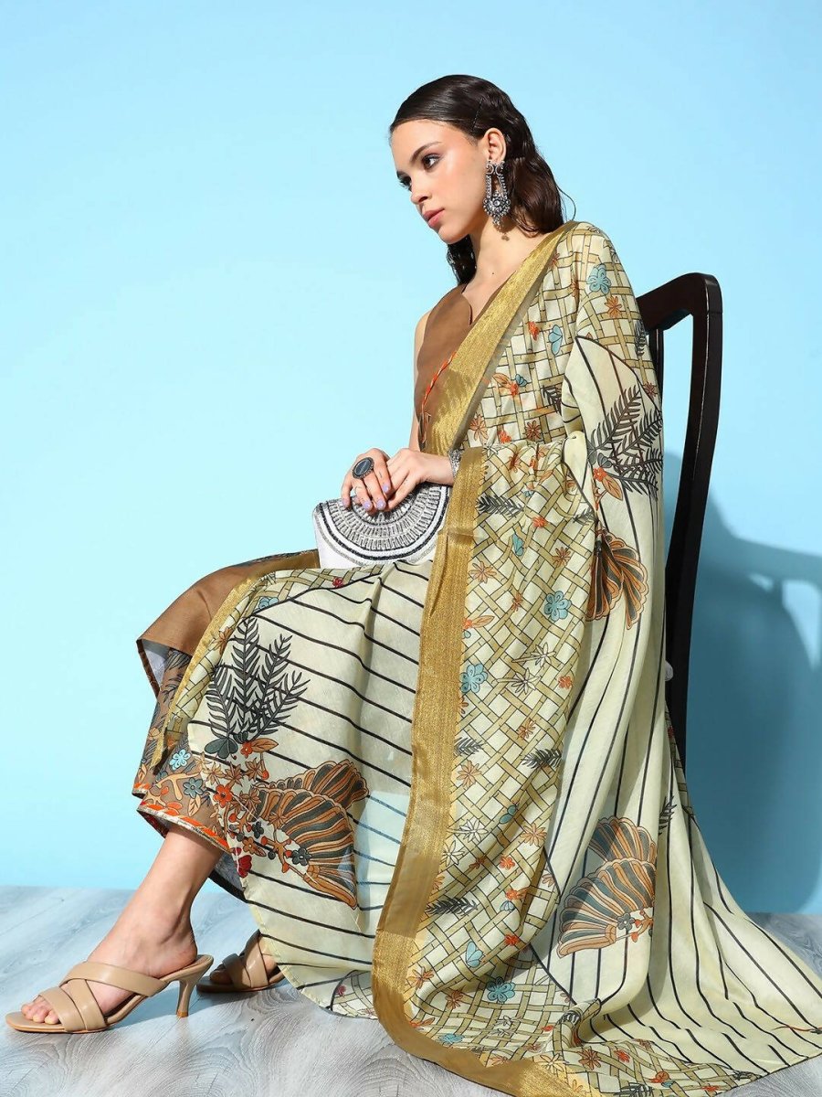 Ahalyaa Women's Brown Colour Cotton Blend Digital Printed Kurta Palazzo Set With Dupatta