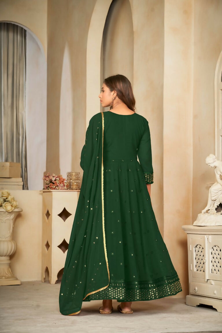 Jyoti Fashion Women's Green Georgette Embroidered Anarkali Kurta Pant Set With Dupatta