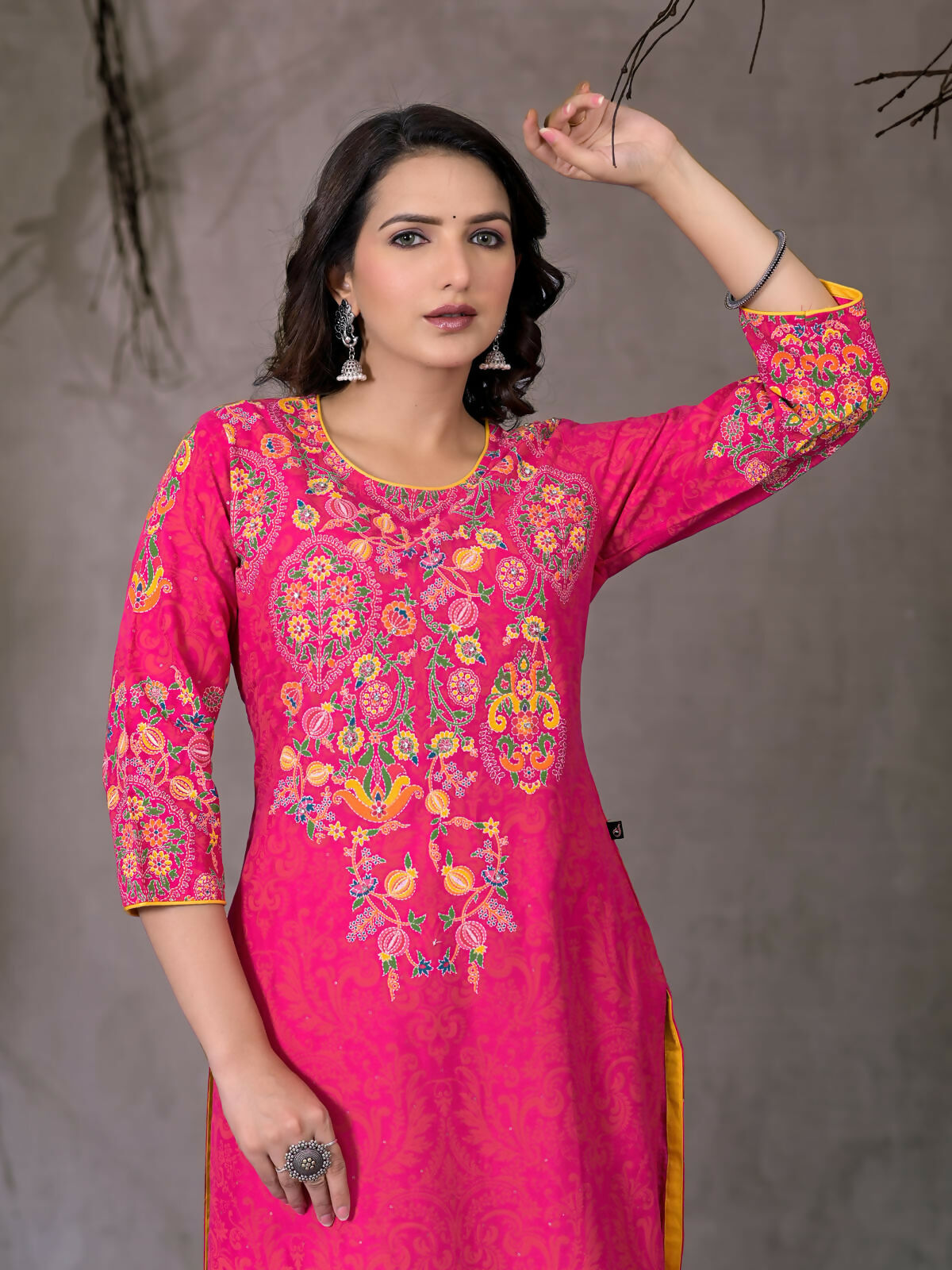 Juniper Women's Pink Thread Embroidered Liva Rayon Kurta With Sequins & Beads