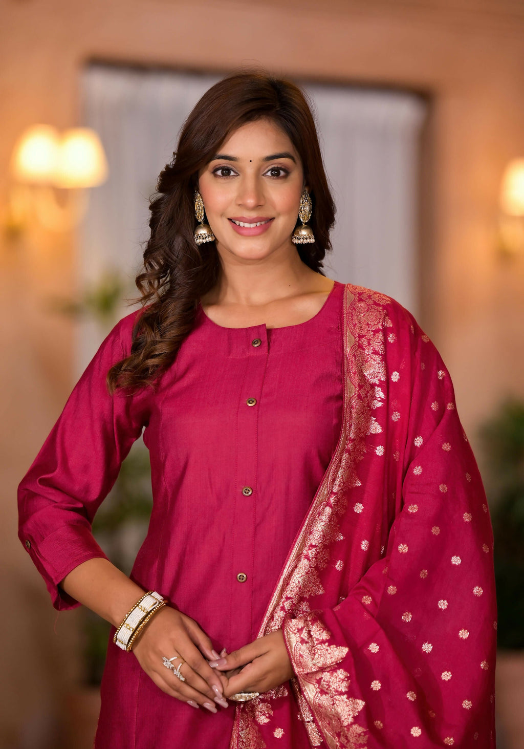 Juniper Women's Fuchsia Zari Embroidered Cotton Kurta Set With Button Closure