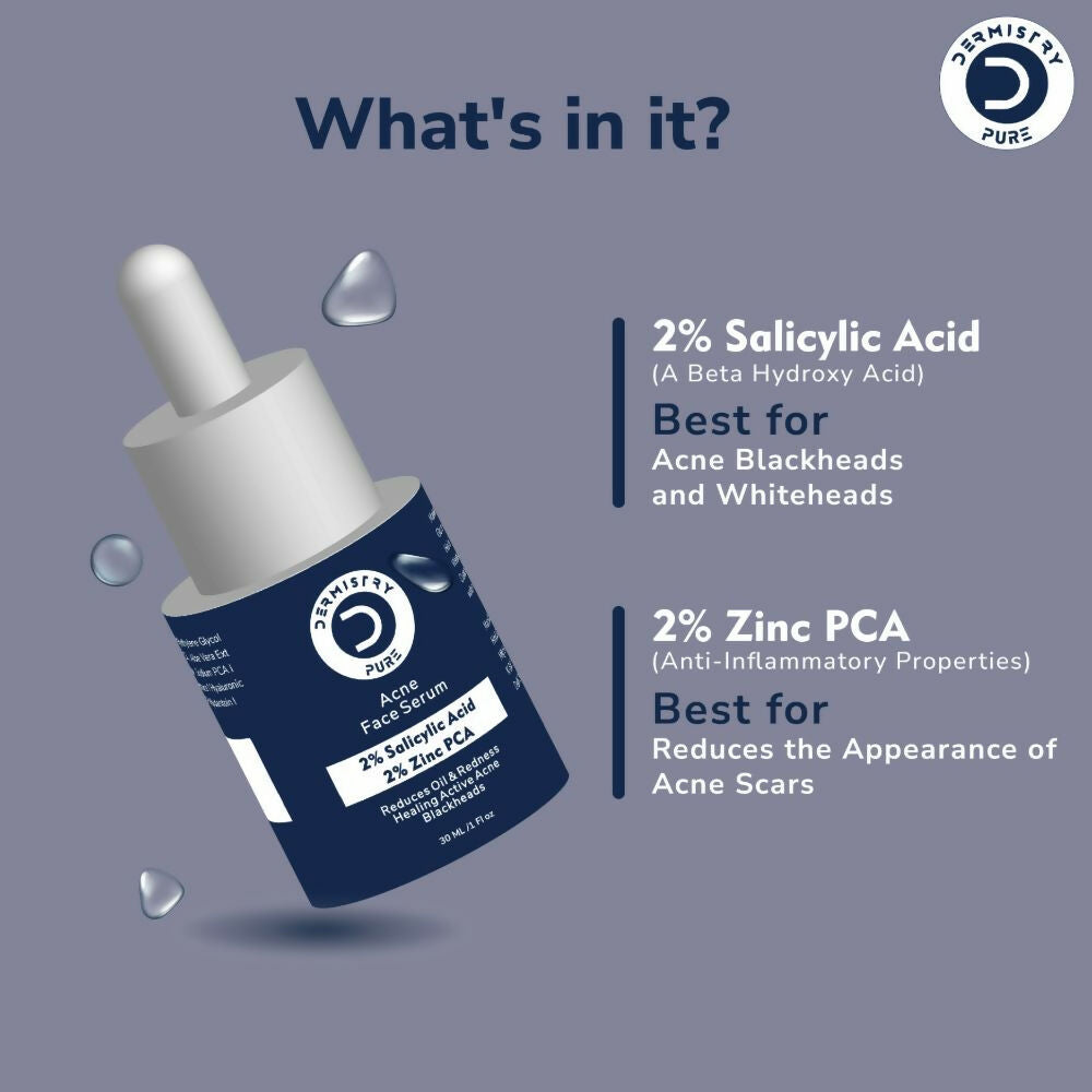 Dermistry Pure 2% Salicylic Acid 2% Zinc Face Serum For Oily Acne Prone Skin Black & Whitehead Scars