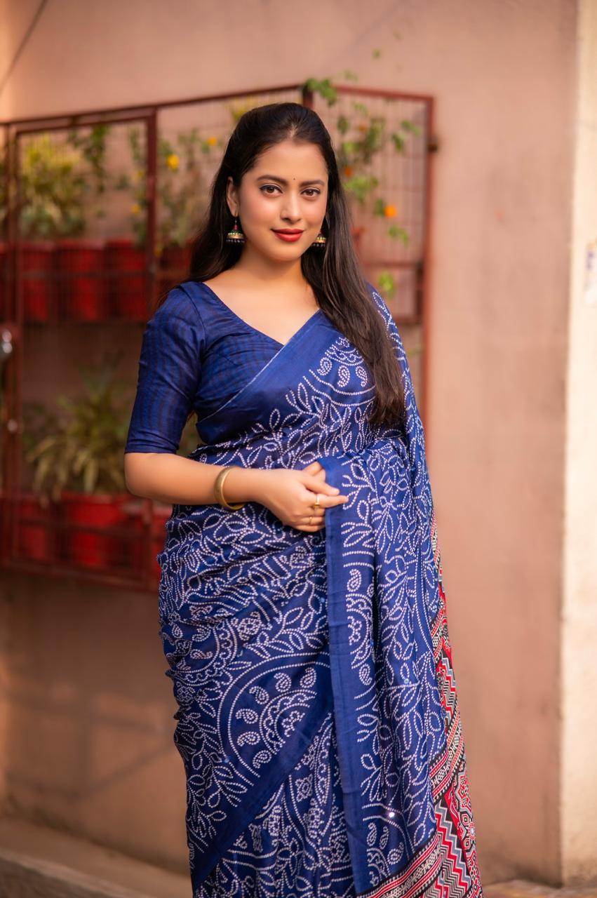 Blue Silk Blend Ajrak Saree with Unstitched Blouse - A2M
