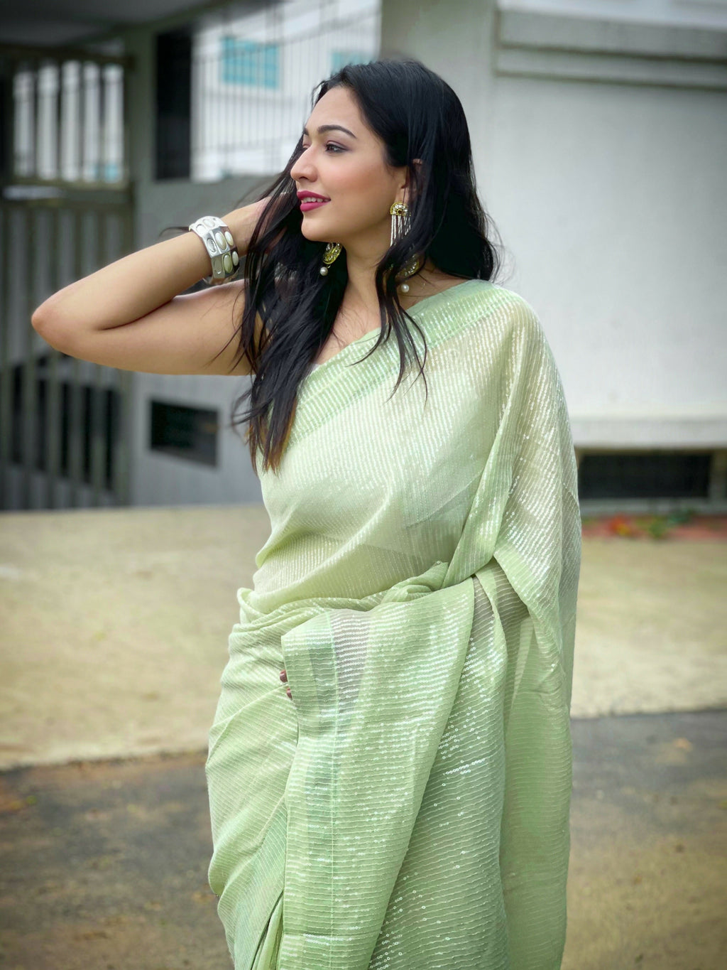 Vamsee Solid Color Sea Green Georgette Saree