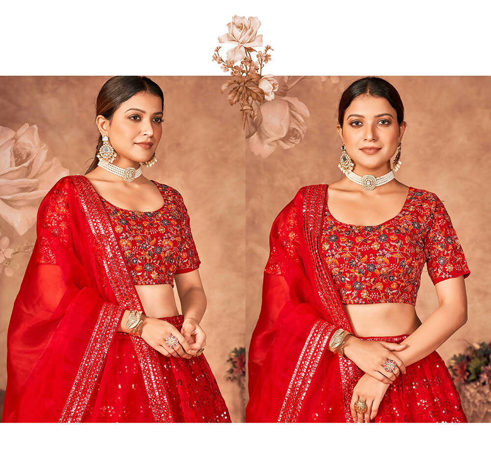 Wedding Designer Red Organzalehengha Choli - Anbazaar