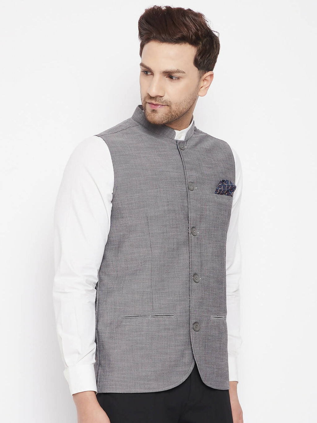 Even Apparels Grey Merino Men's Nehru Jacket-Contrast Lining-Free Pocket Square PW690