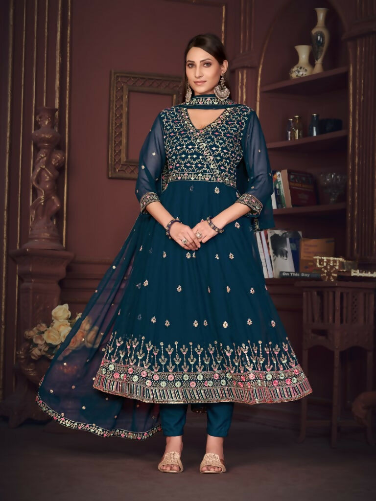 Jyoti Fashion Women's Rama Georgette Embroidered Anarkali Kurta Pant Set With Dupatta