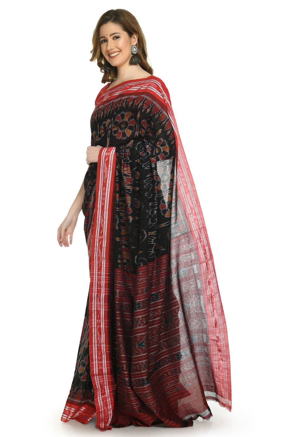 Vamika Sambalpuri Ikat Cotton Dehabandha Tribal Maroon & Orange Saree