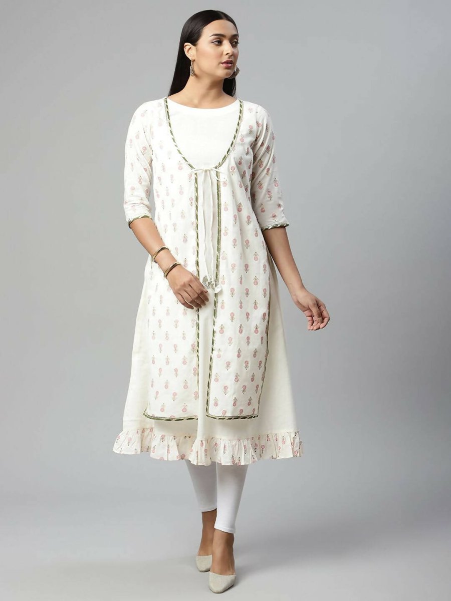 Ahalyaa Women's Off White Cotton Printed Kurta