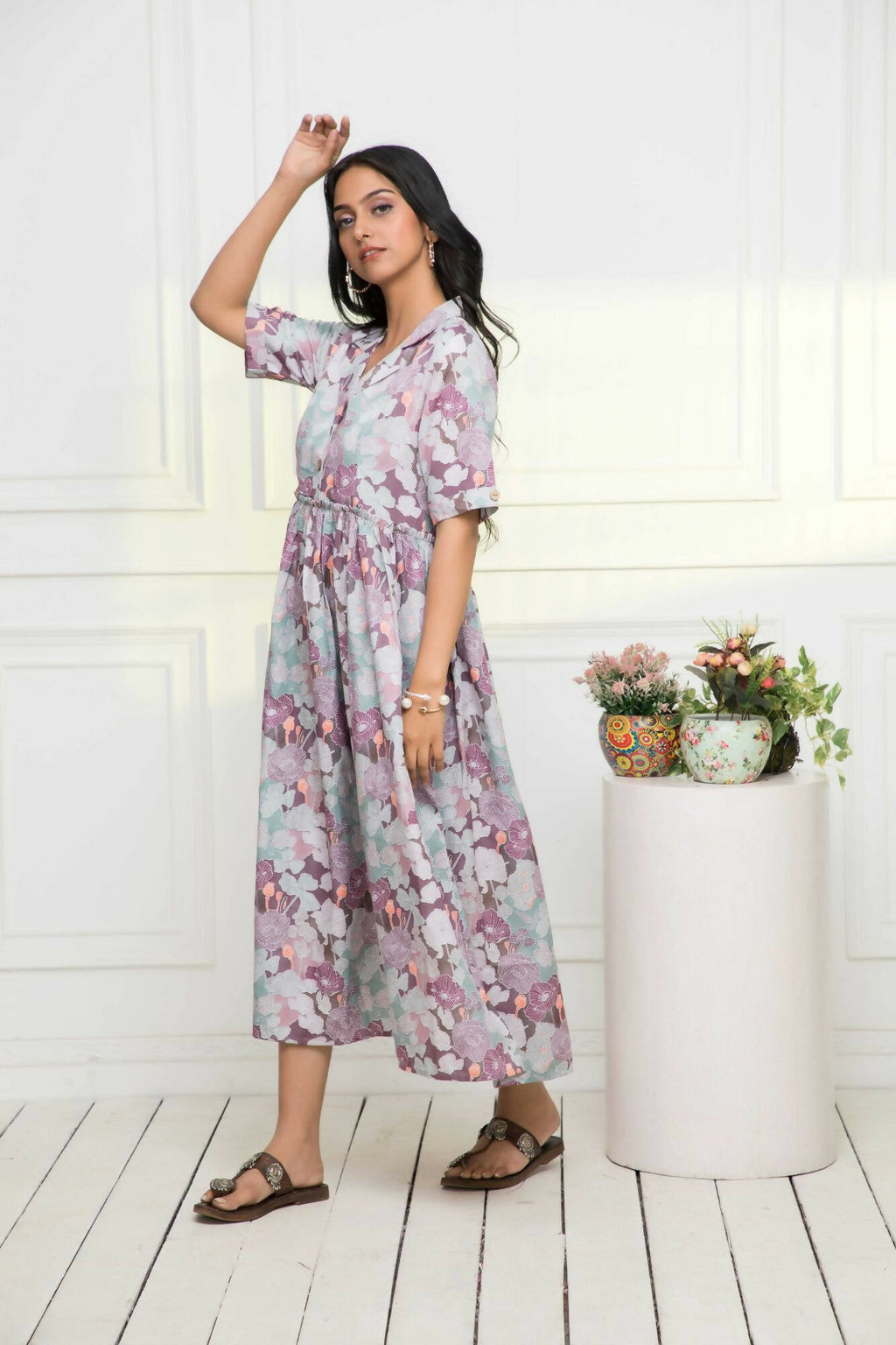 Myshka Women Multi-Floral Rayon A-Line V-Neck Dress