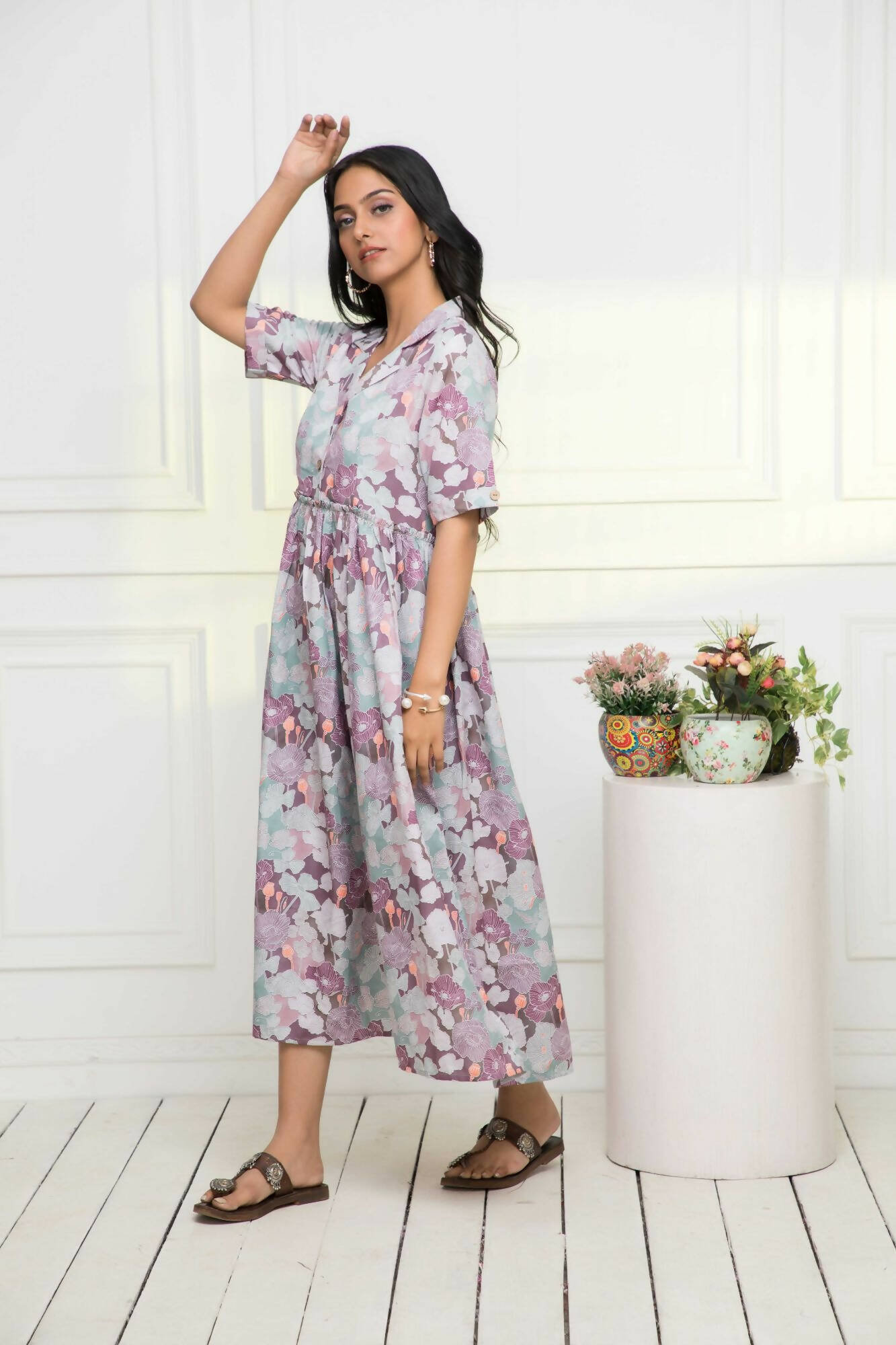 Myshka Women Multi-Floral Rayon A-Line V-Neck Dress