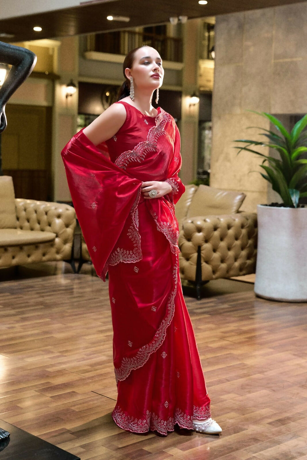 Vastranavya Red Embroidery Work Shimmer Chiffon Saree with Unstitched Blouse