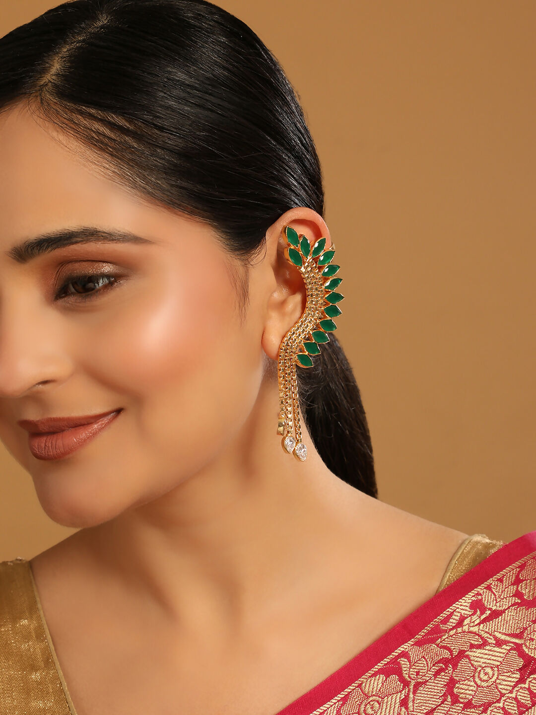 Nuyug 22K Gold Plated Faux Emerald Studded Contemporary Ear Cuff Earrings
