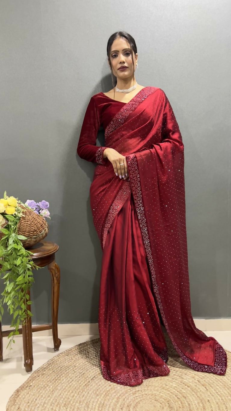 Vastranavya Maroon Rangoli Silk Swarovski work Ready to Wear Saree