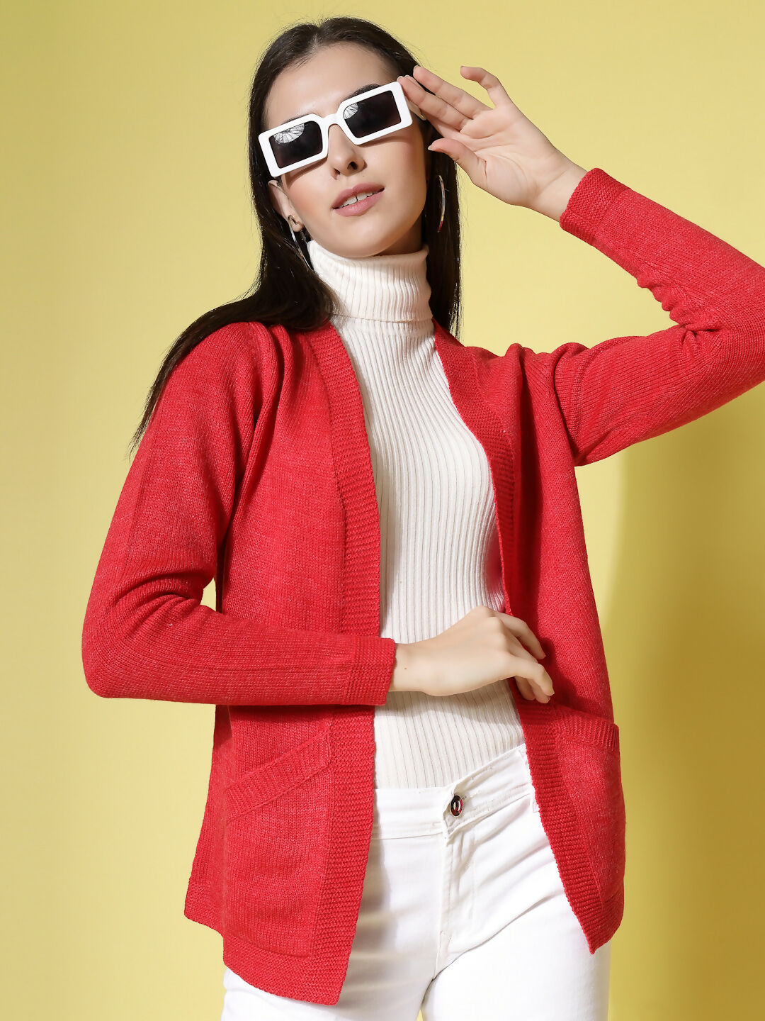 Women Red Acrylic Solid Cardigan - Wool Trees