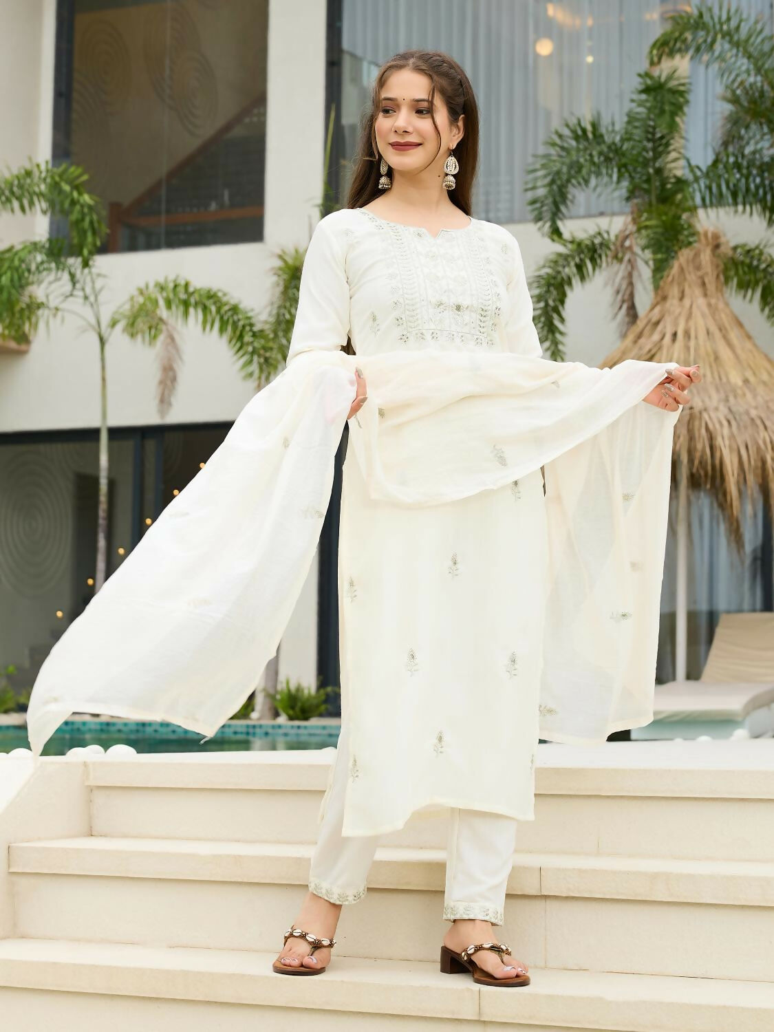 The52 White Women's Beautiful Rayon Slub Fabric Embroidered Work Straight Kurta, Pant and Dupatta Set