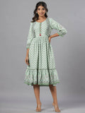 Juniper Women Sage Green Rayon Printed Jacket Style Midi Dress