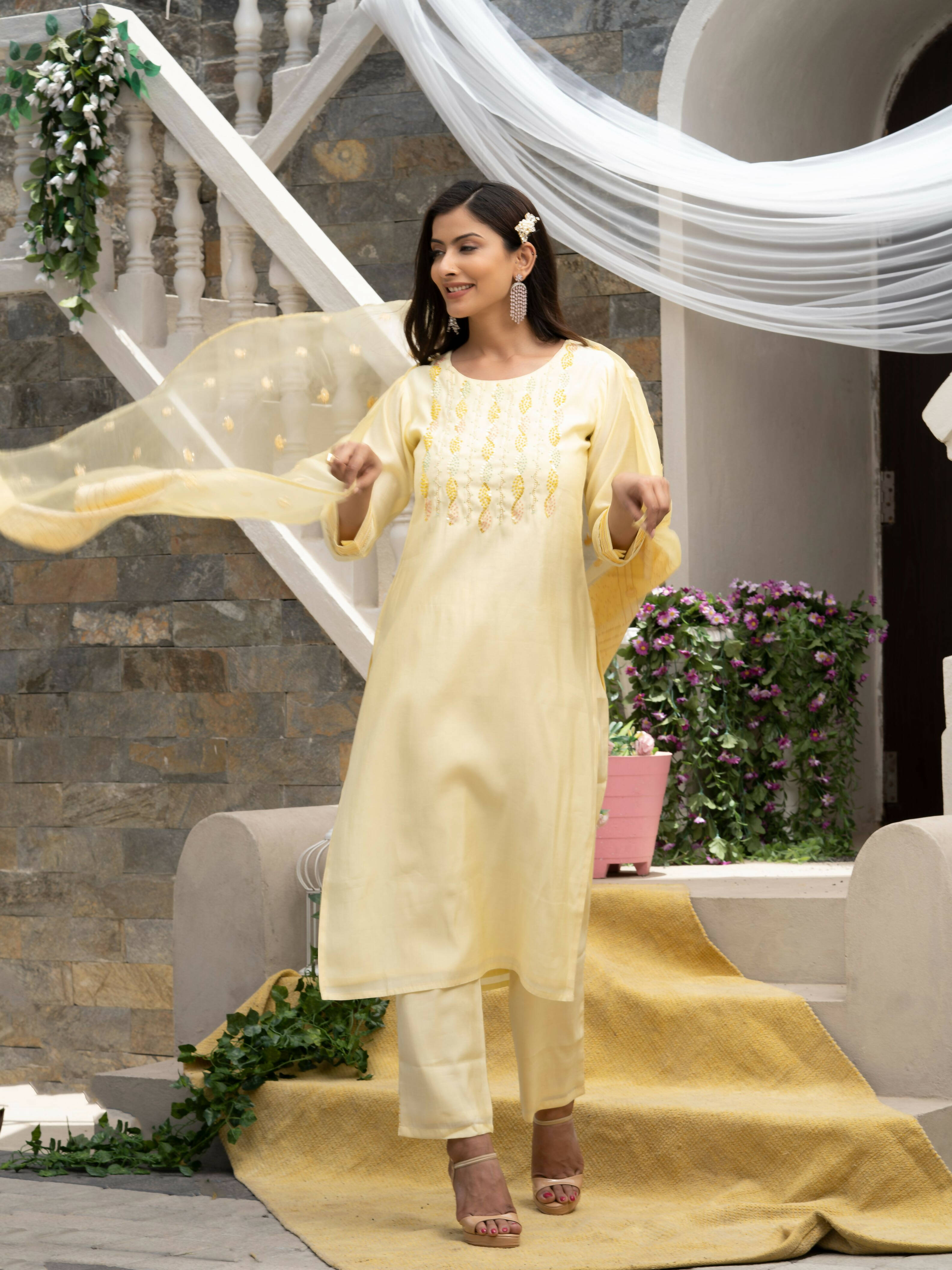 Yellow Roman Silk Plain Kurta with Pant & Dupatta - Disha