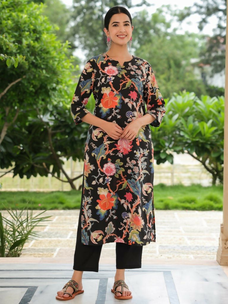 Aramya Straight Soft Cotton Floral Print Women's Kurta - Black