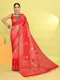 Joban Fashion Peach & Red Plain With Weaving Border Banarasi Silk Sarees