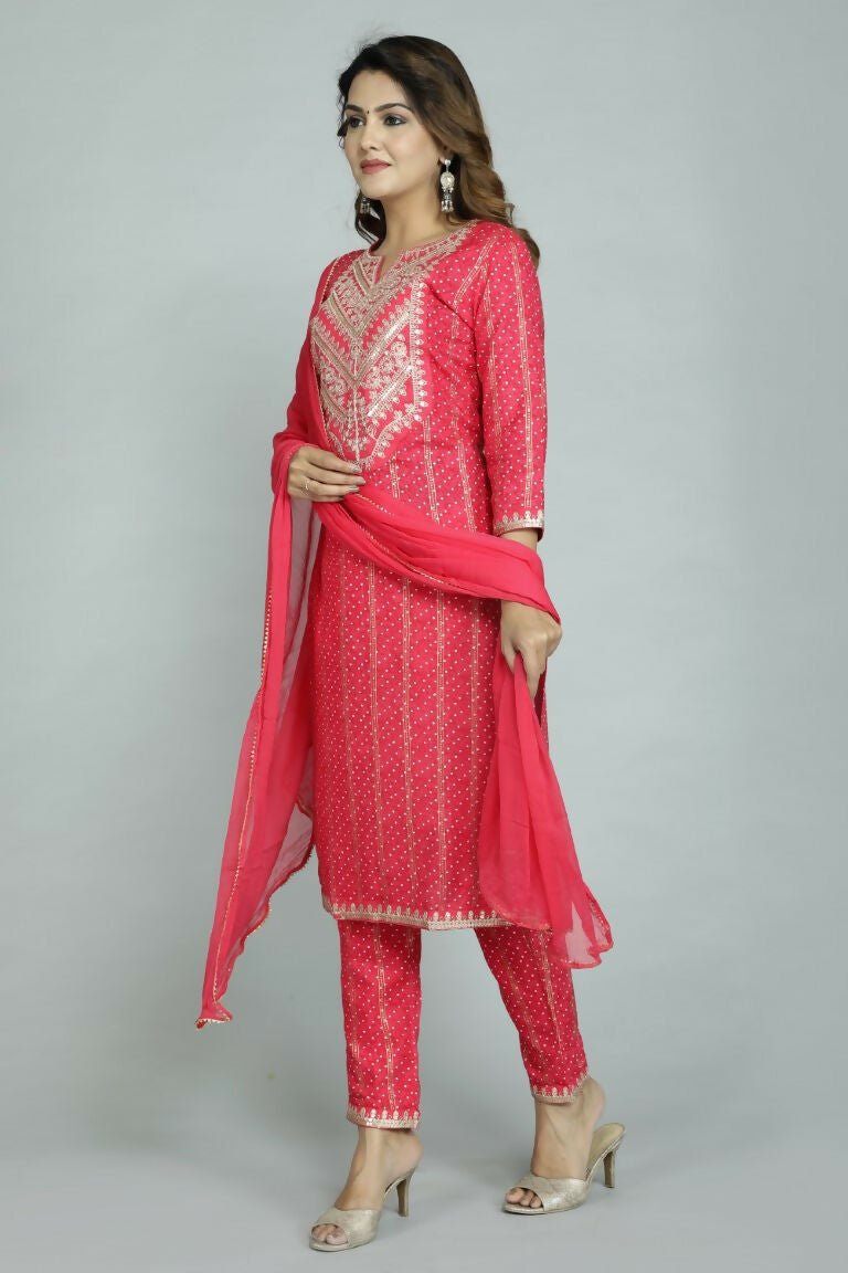 Alvano Beautiful Embroidery Print Straight Kurti with Pant and Dupatta set for Women and Girls Rayon
