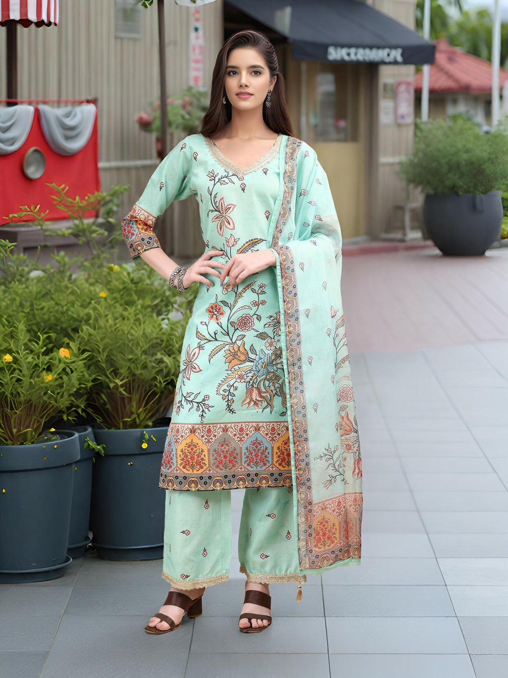 Joban Fashion Sky Blue Positive Digital Print With Position Foil Kurta Set