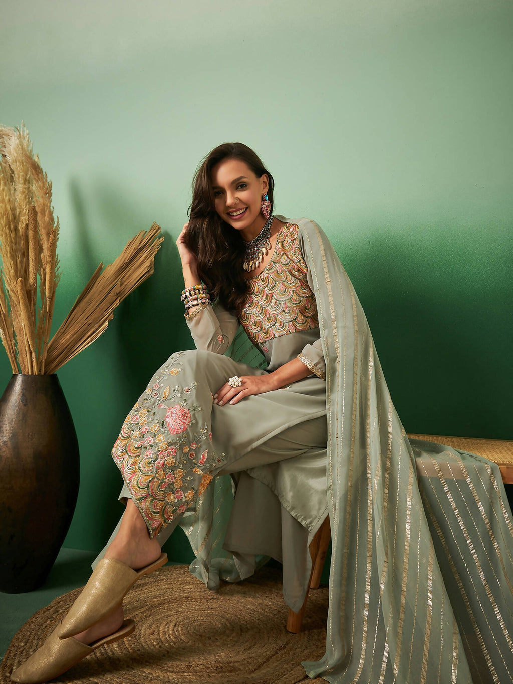 Light Green Georgette Handwork Unstitched Dress Material - Hanika