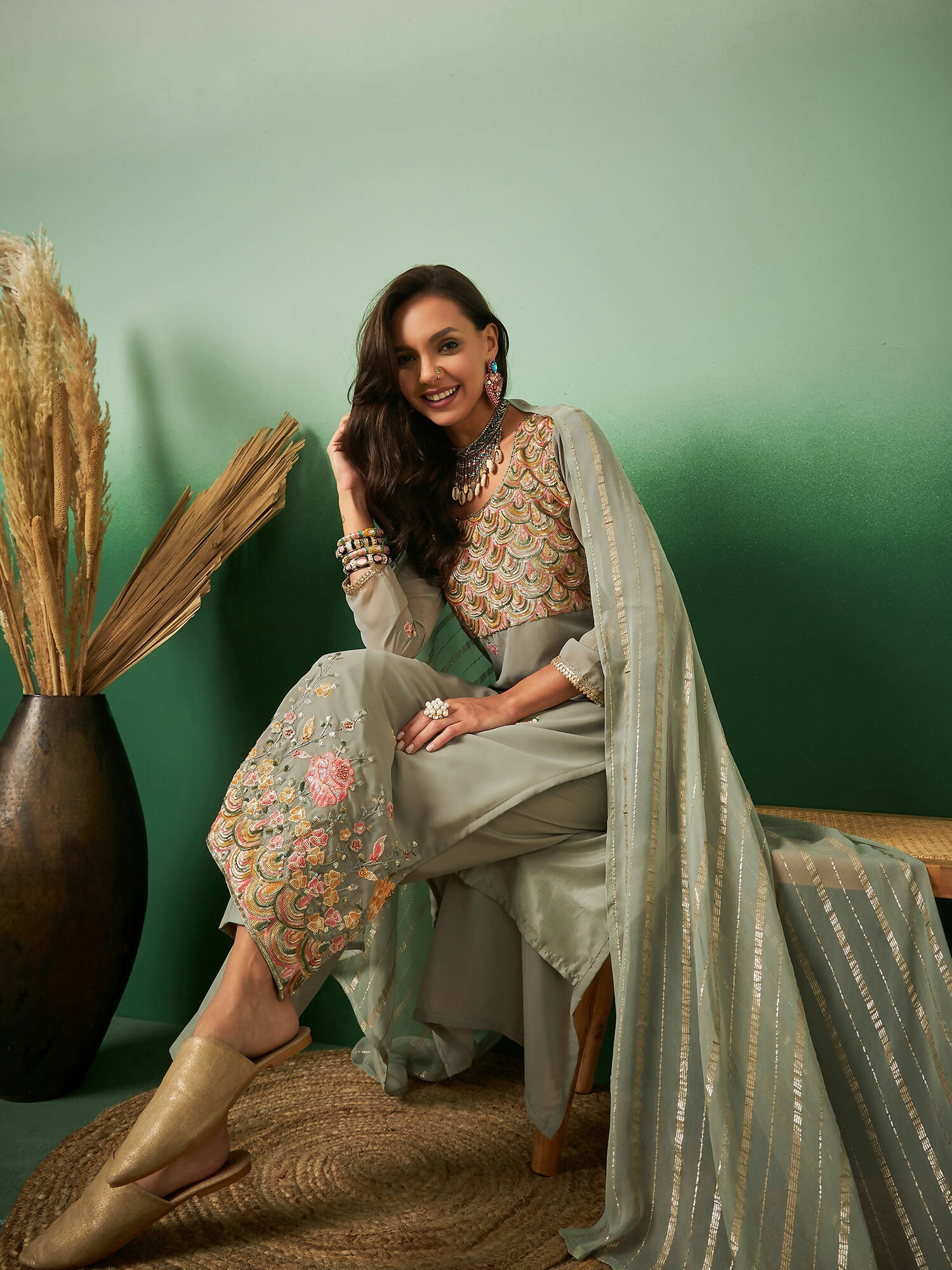 Light Green Georgette Handwork Unstitched Dress Material - Hanika