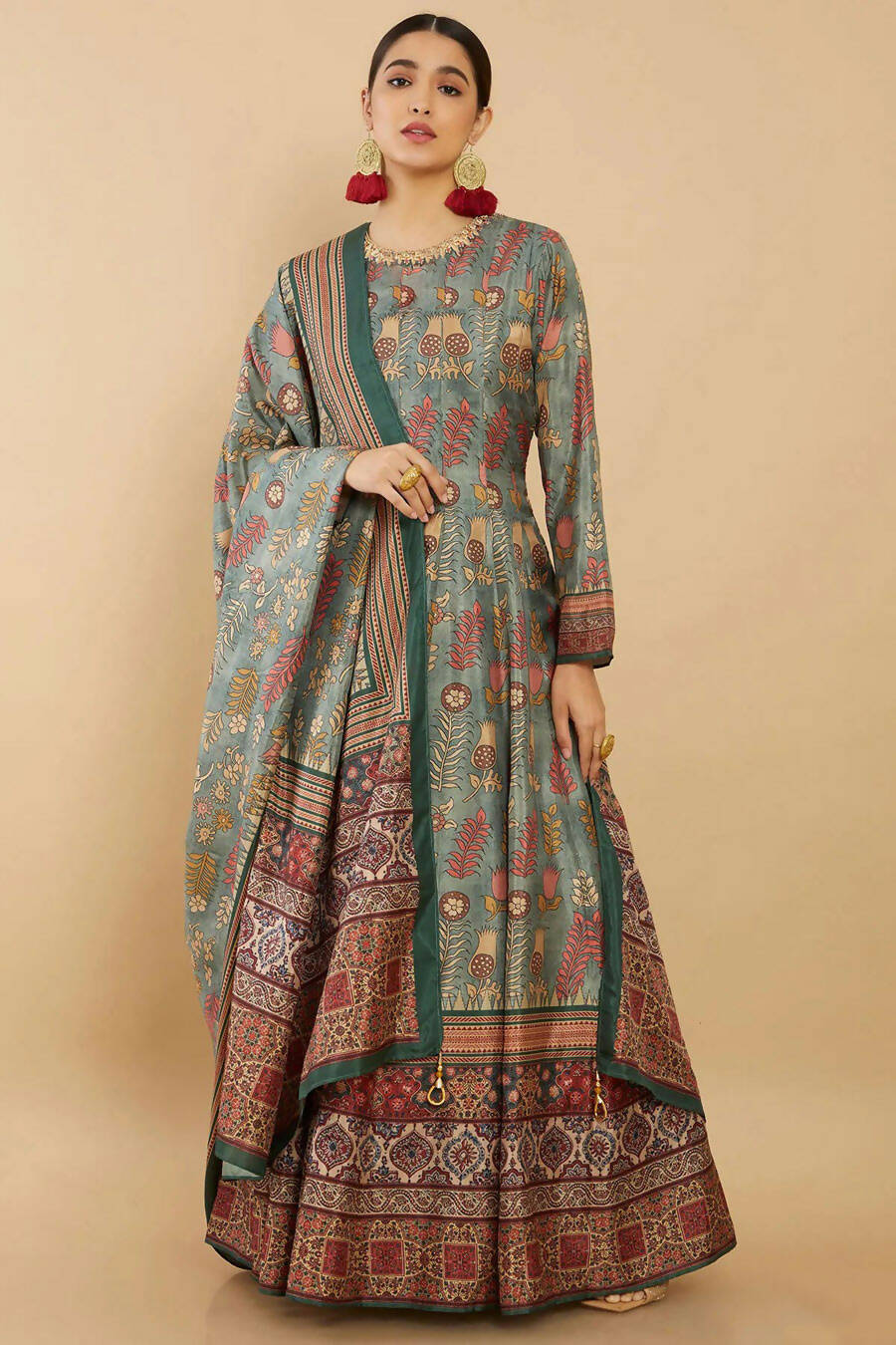 Women's Partywear Designer Green Soft Dola Silk Anarkali suit with Dupatta - Kalishta