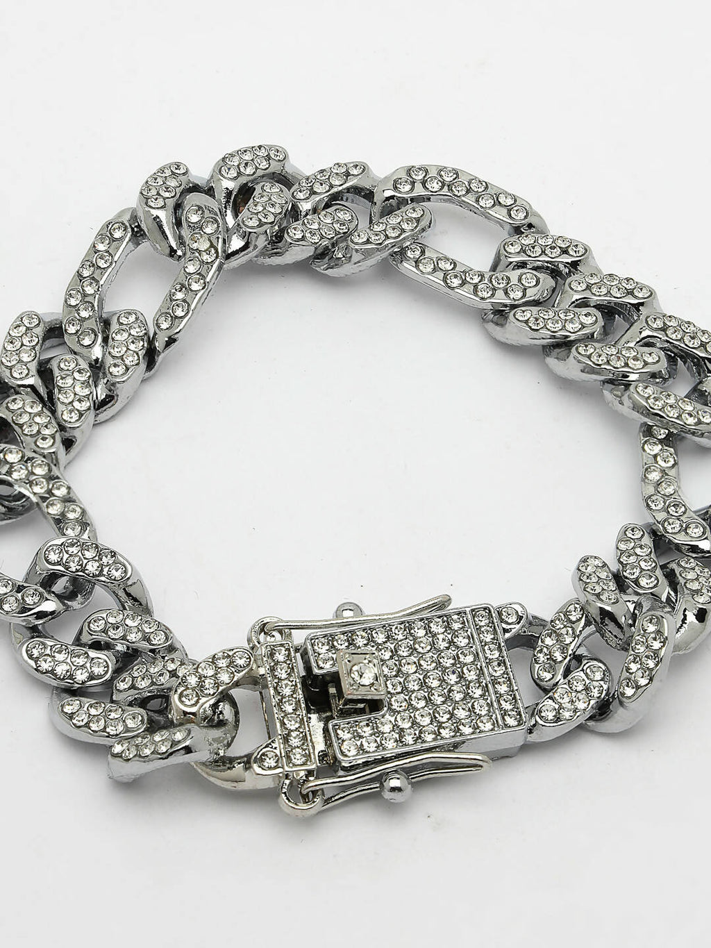NVR Men Silver-Plated Stainless Steel American Diamond Studded Link Bracelet