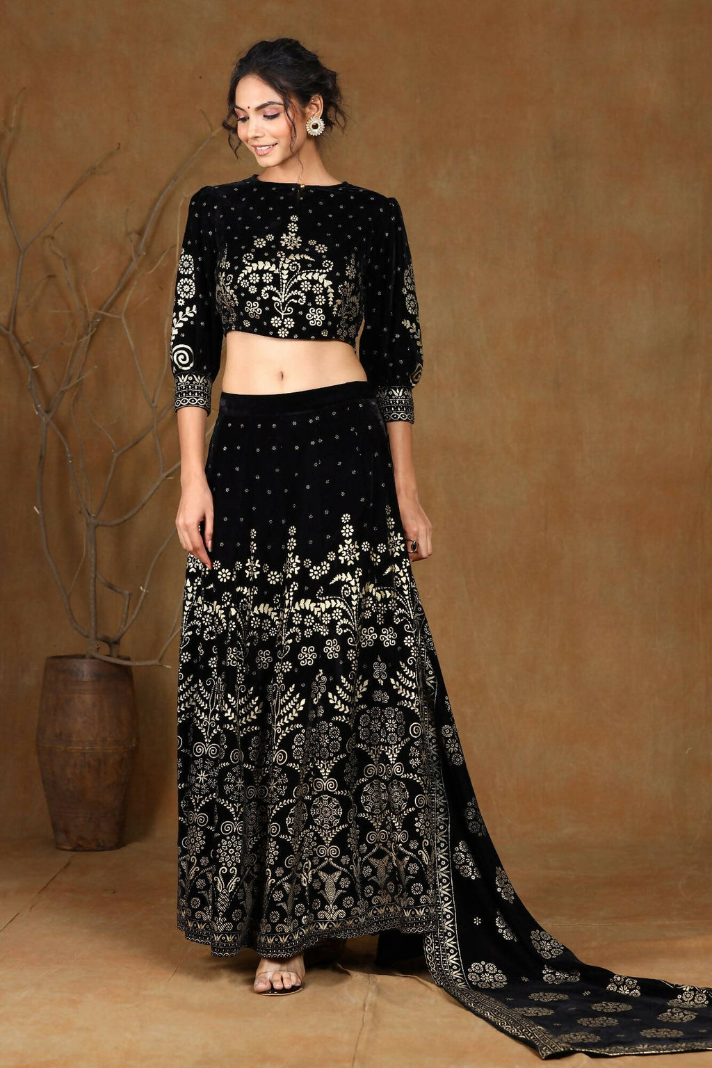 Juniper Women Black Velvet Printed Flared Lehenga Choli Sets