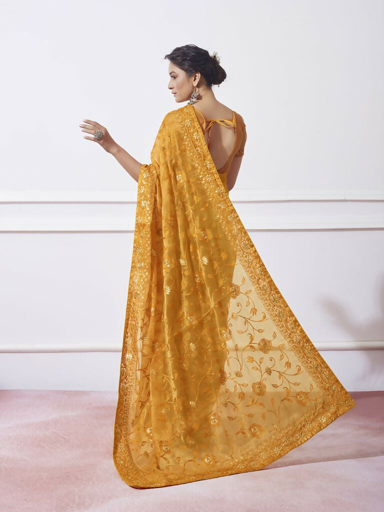 Mustard Simmar Designer Thread Embroidery Work Saree with Unstitched Blouse - Vandini